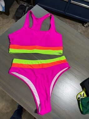 POP Fit Neon Pink Bikini with Lime and Orange Trim